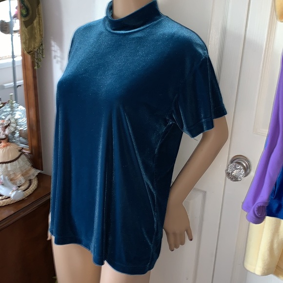Vintage 90s teal turquoise spandex Stretch velour mock neck shirt top L - Picture 3 of 9